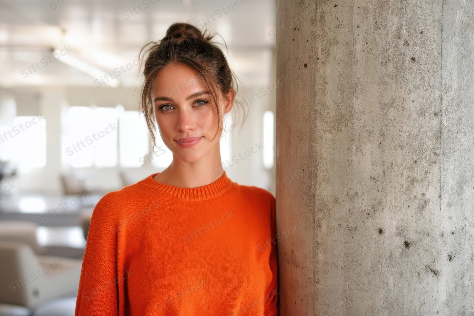 Woman in orange sweater leaning against concrete column in modern office interior