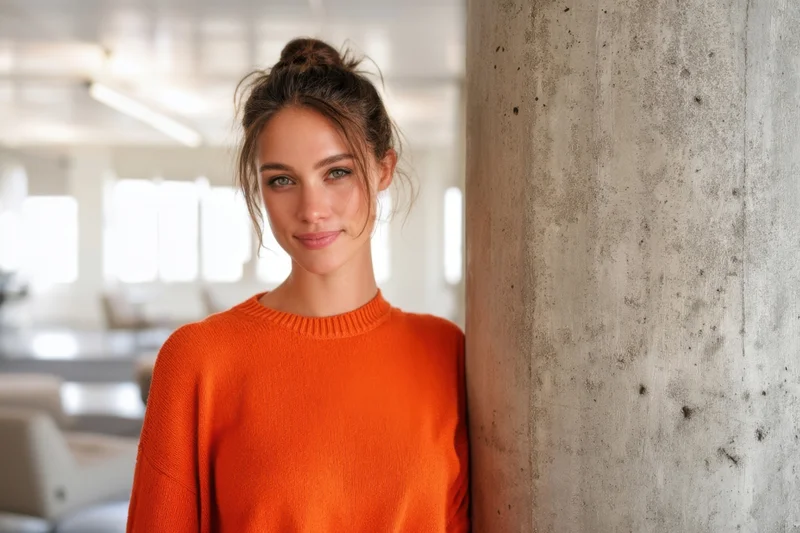Woman in orange sweater leaning against concrete column in modern office interior