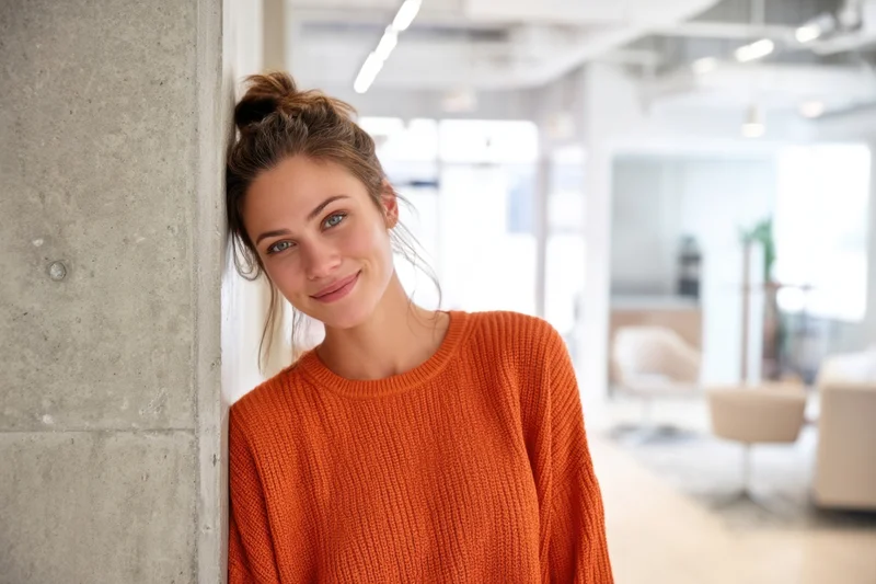 Woman smiling while leaning against concrete pillar in modern office interior