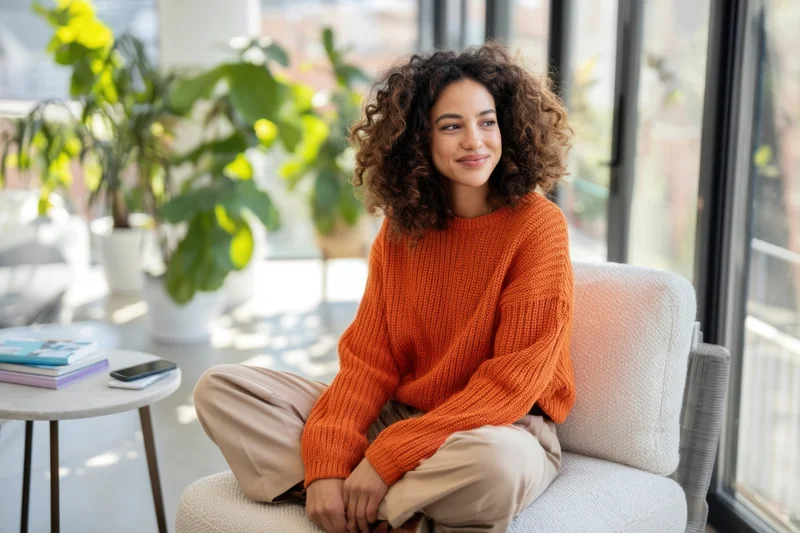 Woman with curly hair sitting cross-legged on cushioned chair in bright living room with plants and natural light