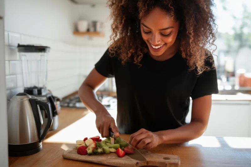 Woman slicing strawberries, kiwi and bananas on a wooden cutting board in a bright kitchen