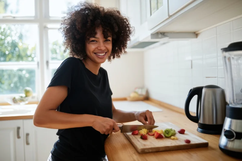 Woman slicing fruit on a wooden cutting board in a bright kitchen