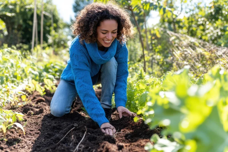 Woman kneeling in garden soil tending young plants outdoors