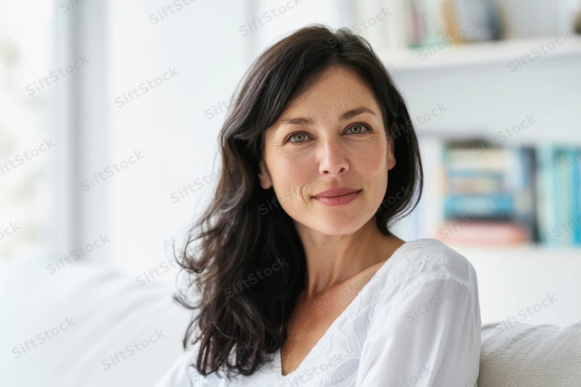 Woman smiling at camera while sitting on light sofa in bright living room