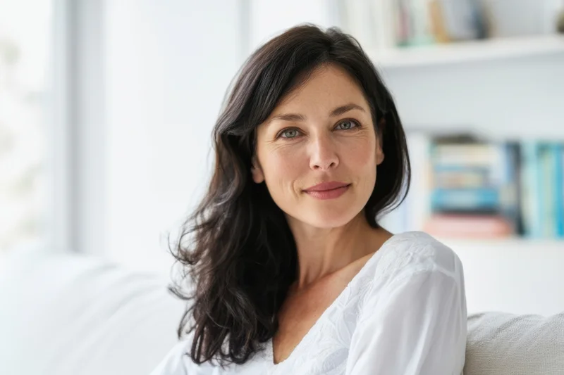 Woman smiling at camera while sitting on light sofa in bright living room
