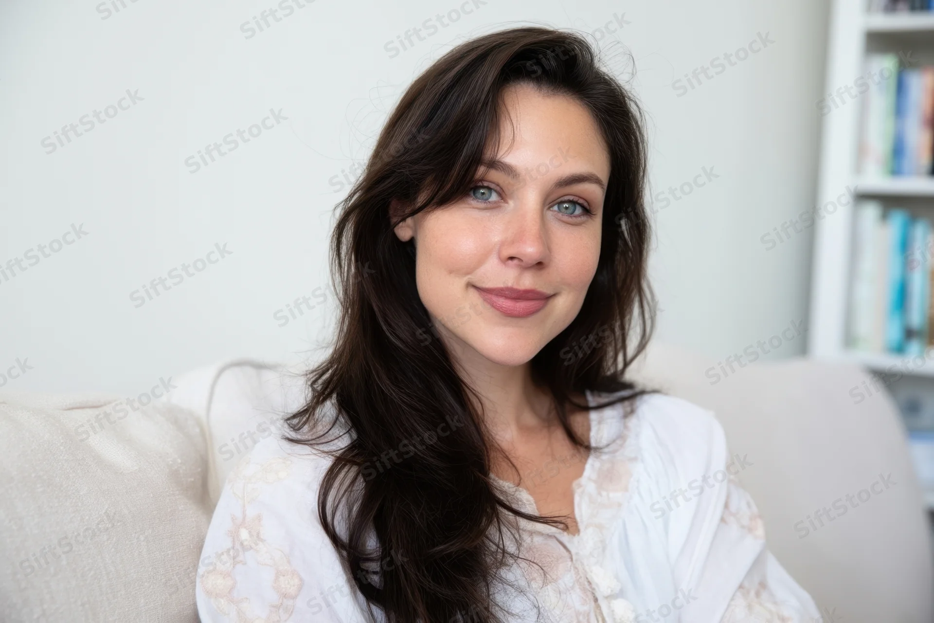 Woman smiling at camera while sitting on light sofa in bright living room