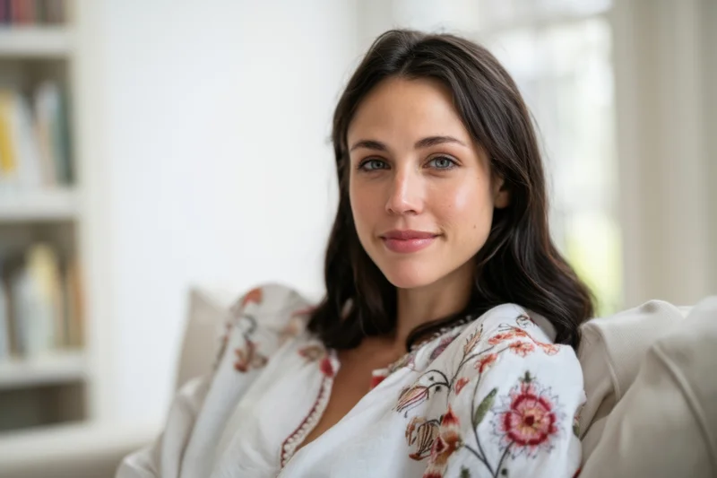 Woman sitting on light sofa in bright living room, smiling softly, wearing floral blouse