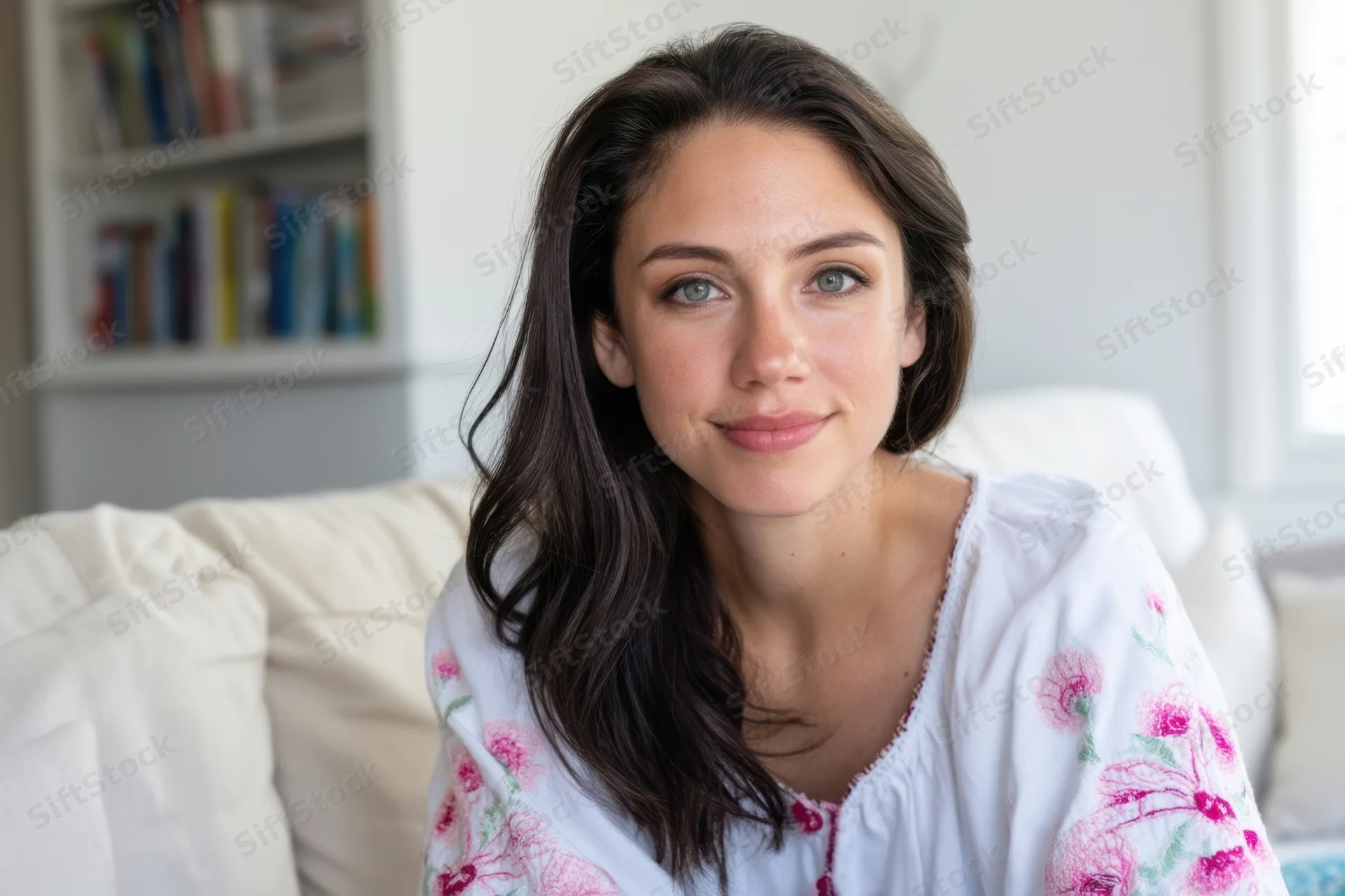 Woman smiling at camera while sitting on light sofa in bright living room