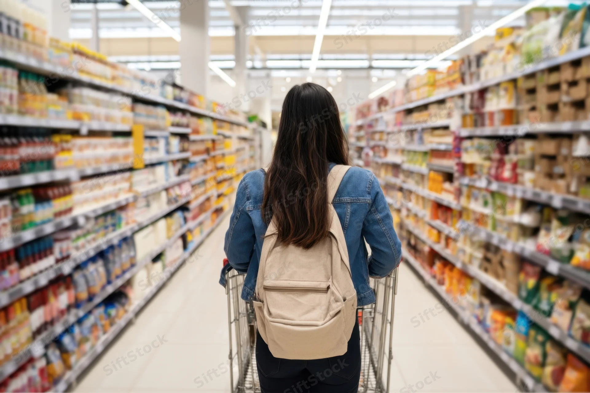 Woman pushing shopping cart down supermarket aisle with backpack and denim jacket