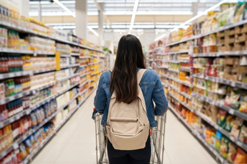 Woman pushing shopping cart down supermarket aisle with backpack and denim jacket