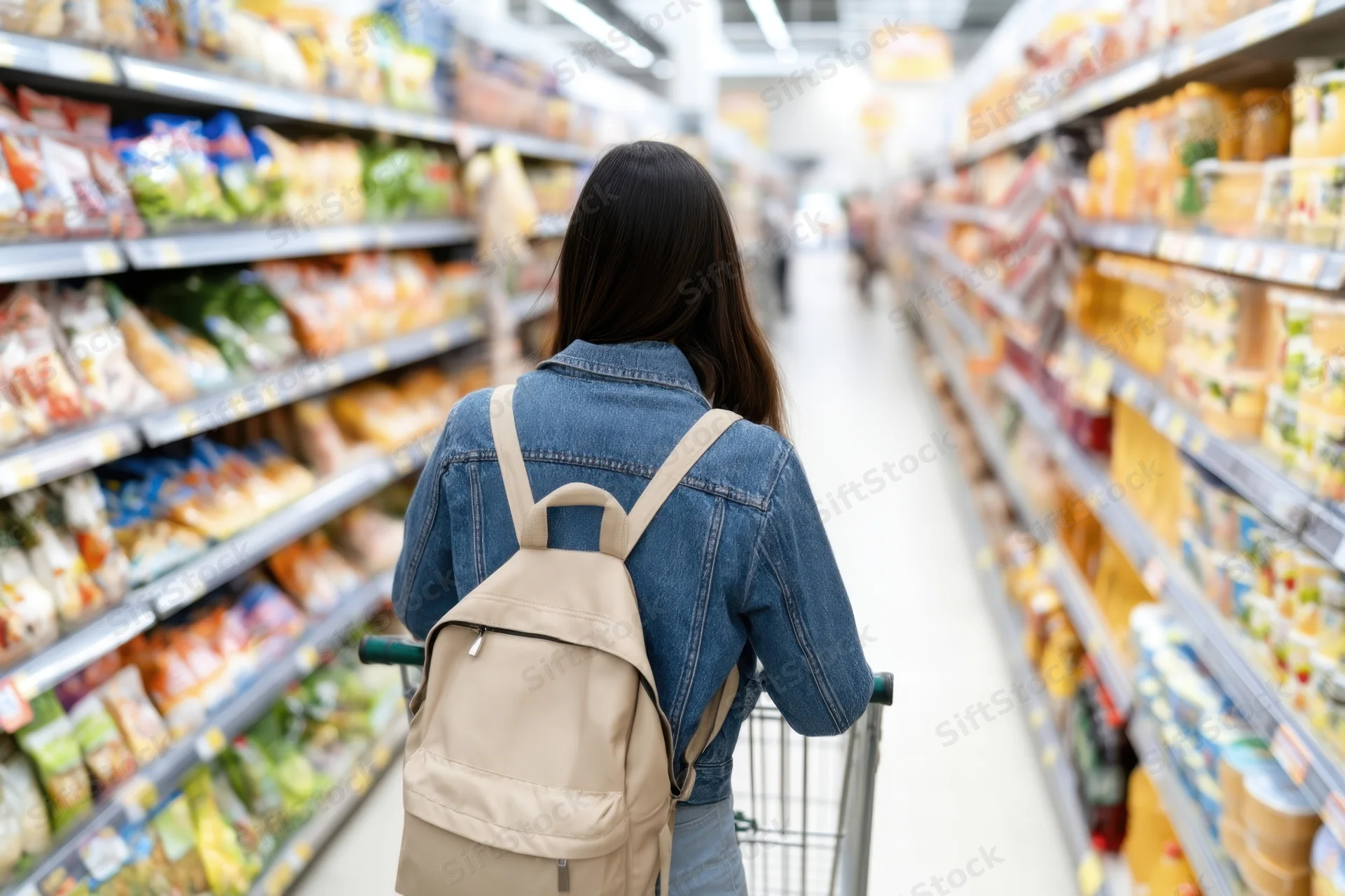 Woman pushing shopping cart down supermarket aisle with backpack on back