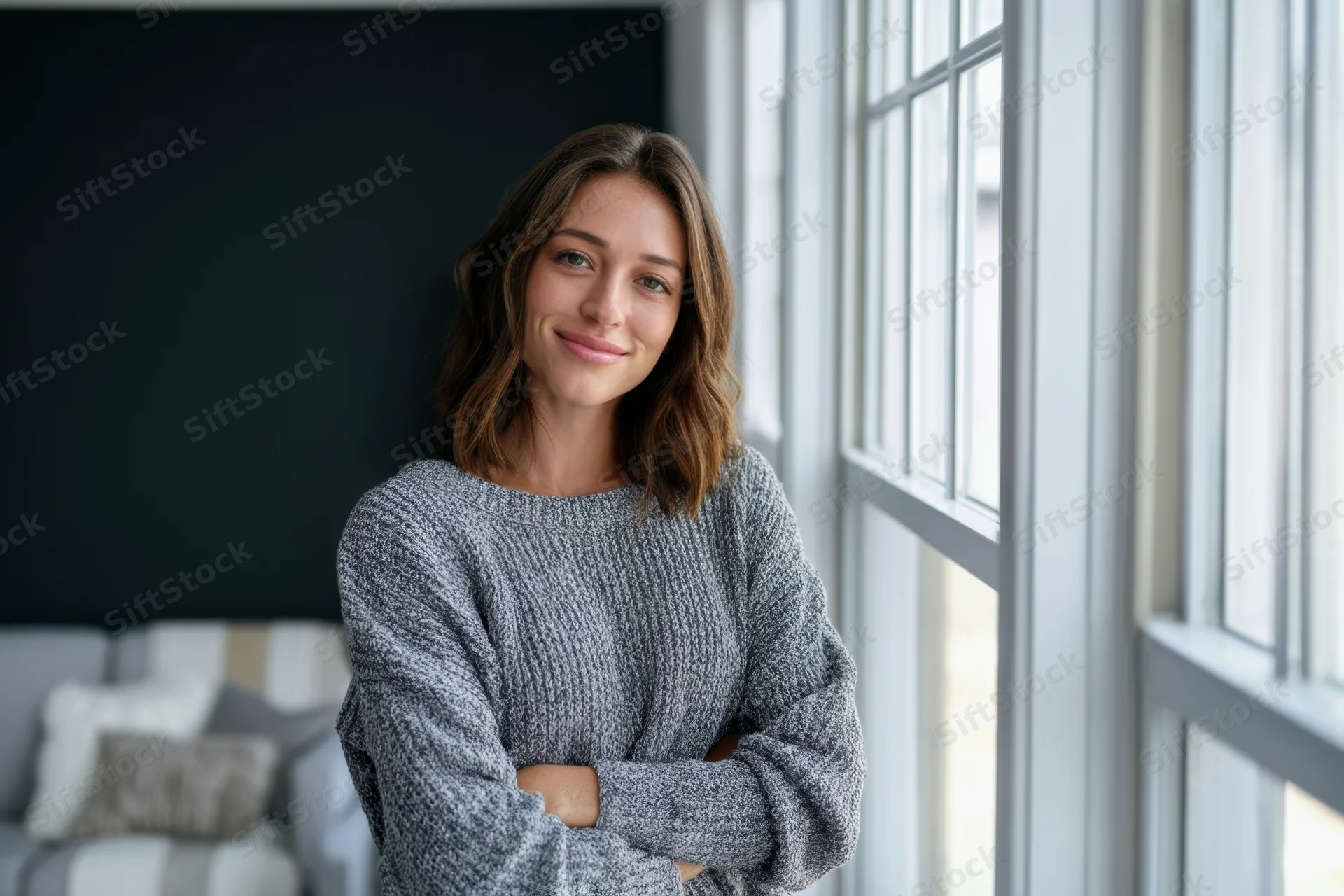 Woman smiling with arms crossed near window in living room