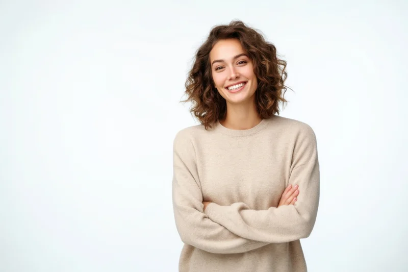 Smiling woman with arms crossed wearing beige sweater against white background