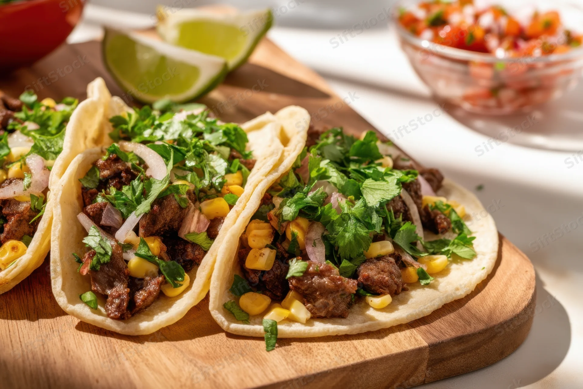 Soft tacos filled with seasoned beef, corn, onions and cilantro on a wooden board with lime wedges and salsa nearby