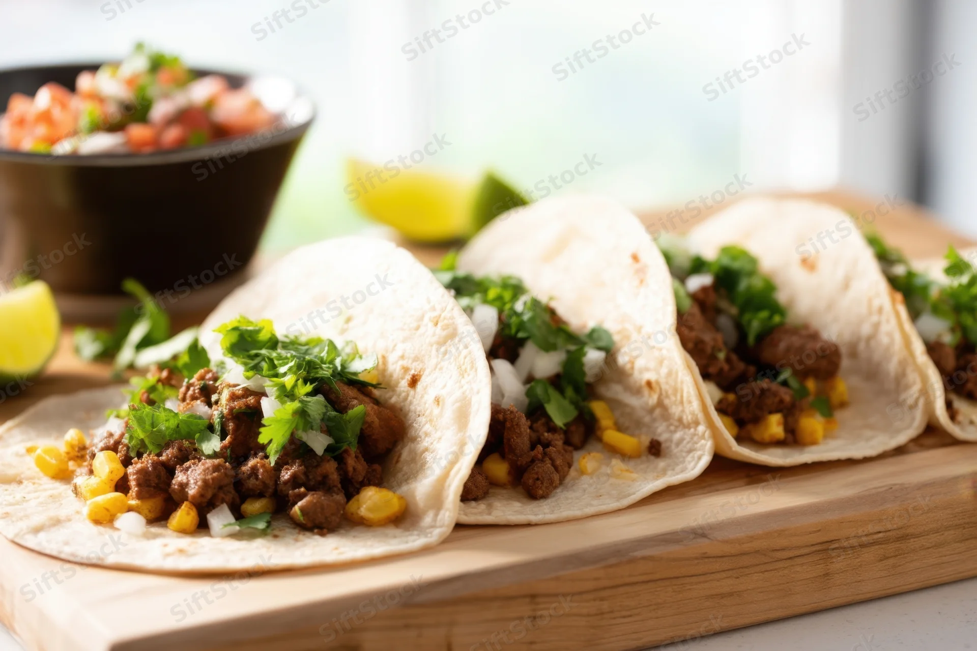 Soft tacos filled with seasoned beef, corn, and cilantro on a wooden cutting board with lime wedges and salsa in the background