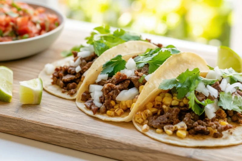 Soft tacos filled with seasoned beef, corn, onions and cilantro on a wooden cutting board with lime wedges and salsa nearby