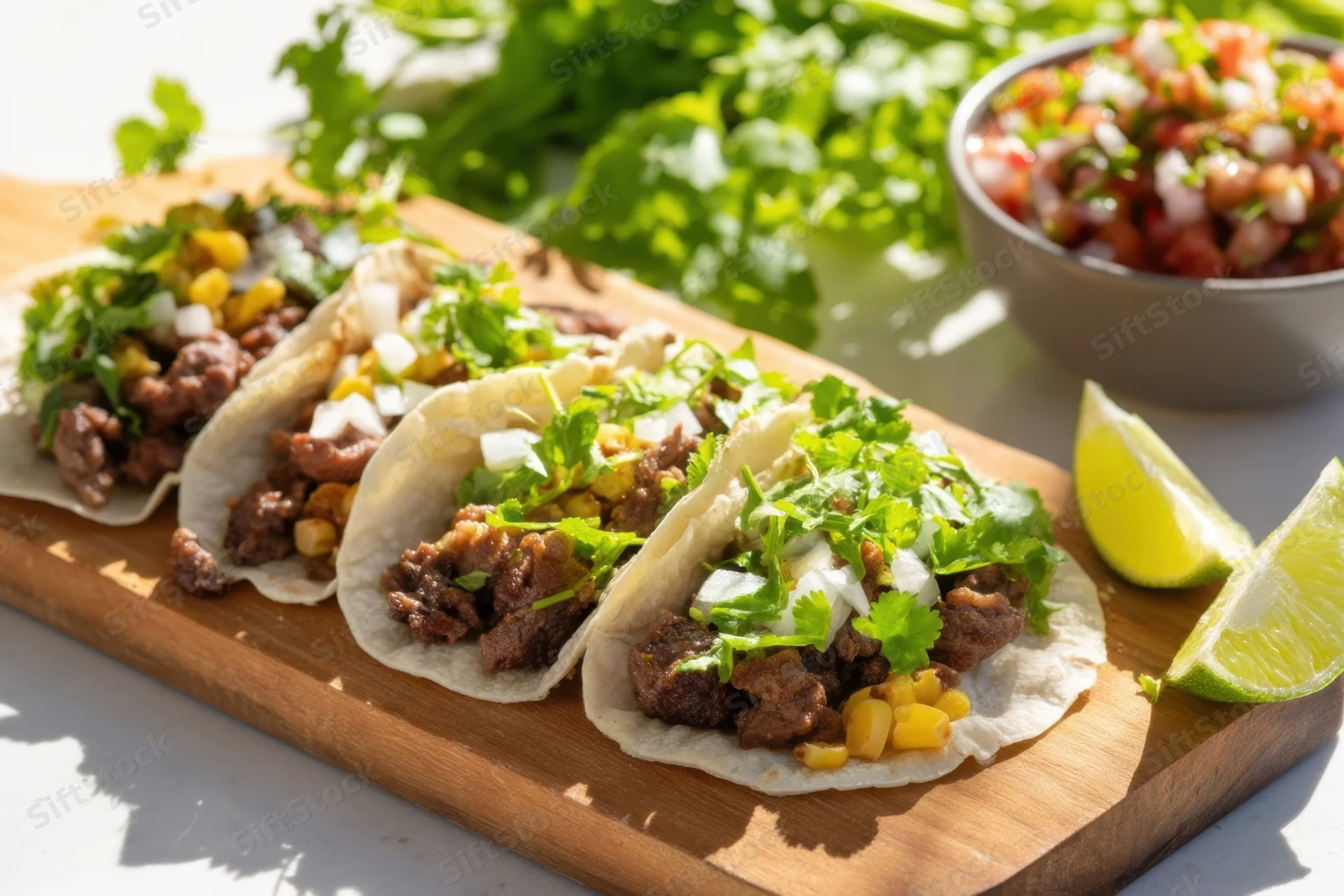 Soft tacos filled with seasoned meat, corn, and cilantro on a wooden board with lime wedges and salsa nearby