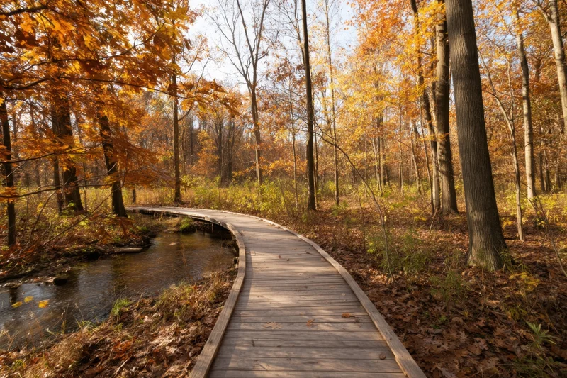 Wooden boardwalk curving through autumn forest beside a small stream
