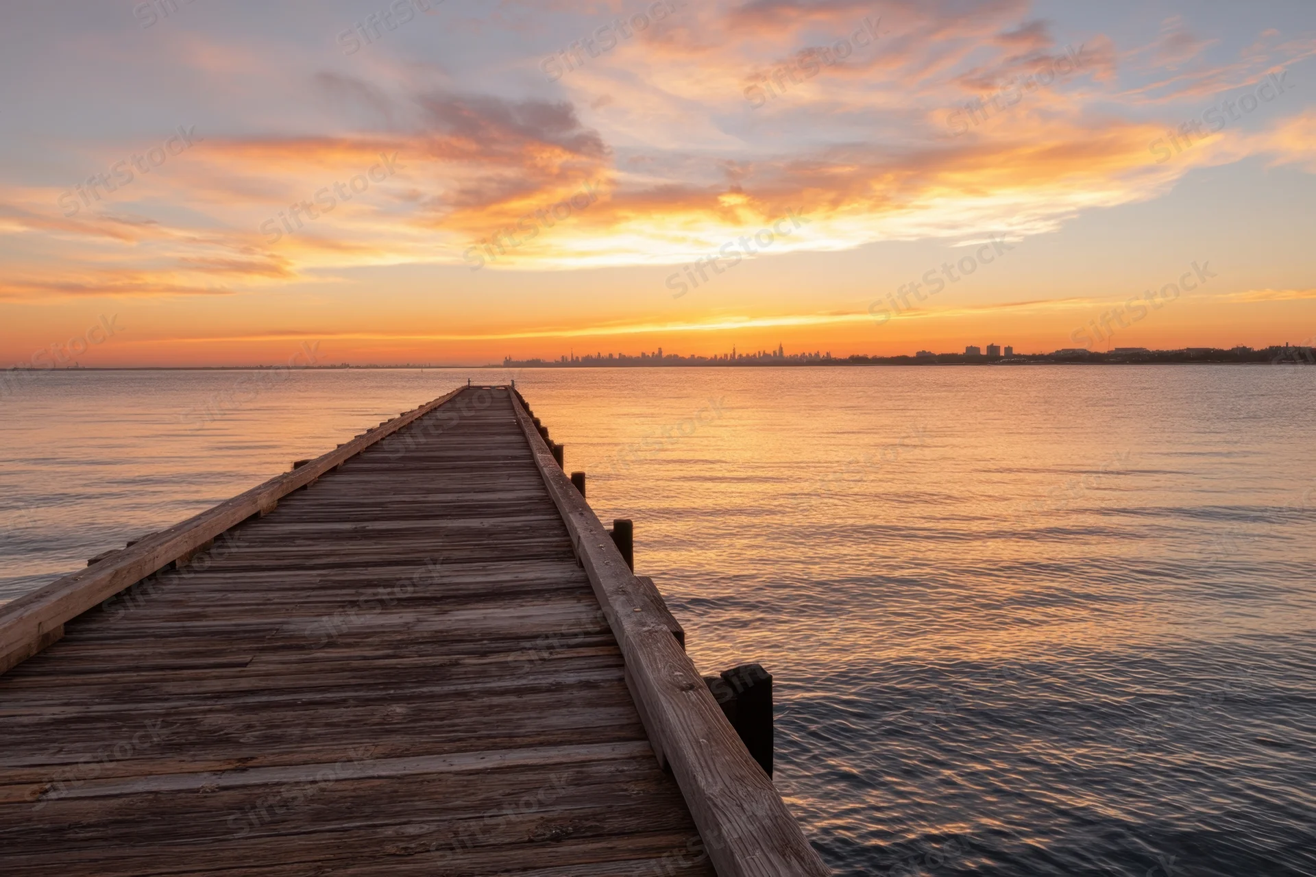 Wooden boardwalk extending toward distant city skyline at sunset over calm water