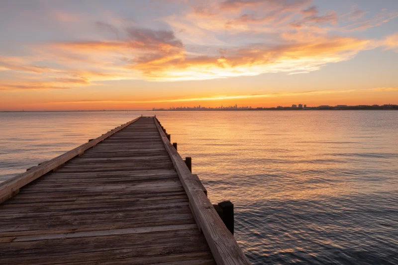 Wooden boardwalk extending toward distant city skyline at sunset over calm water