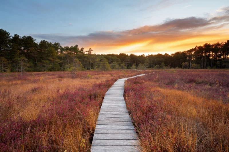 Wooden boardwalk winding through autumn heath with purple heather and golden grass at sunset