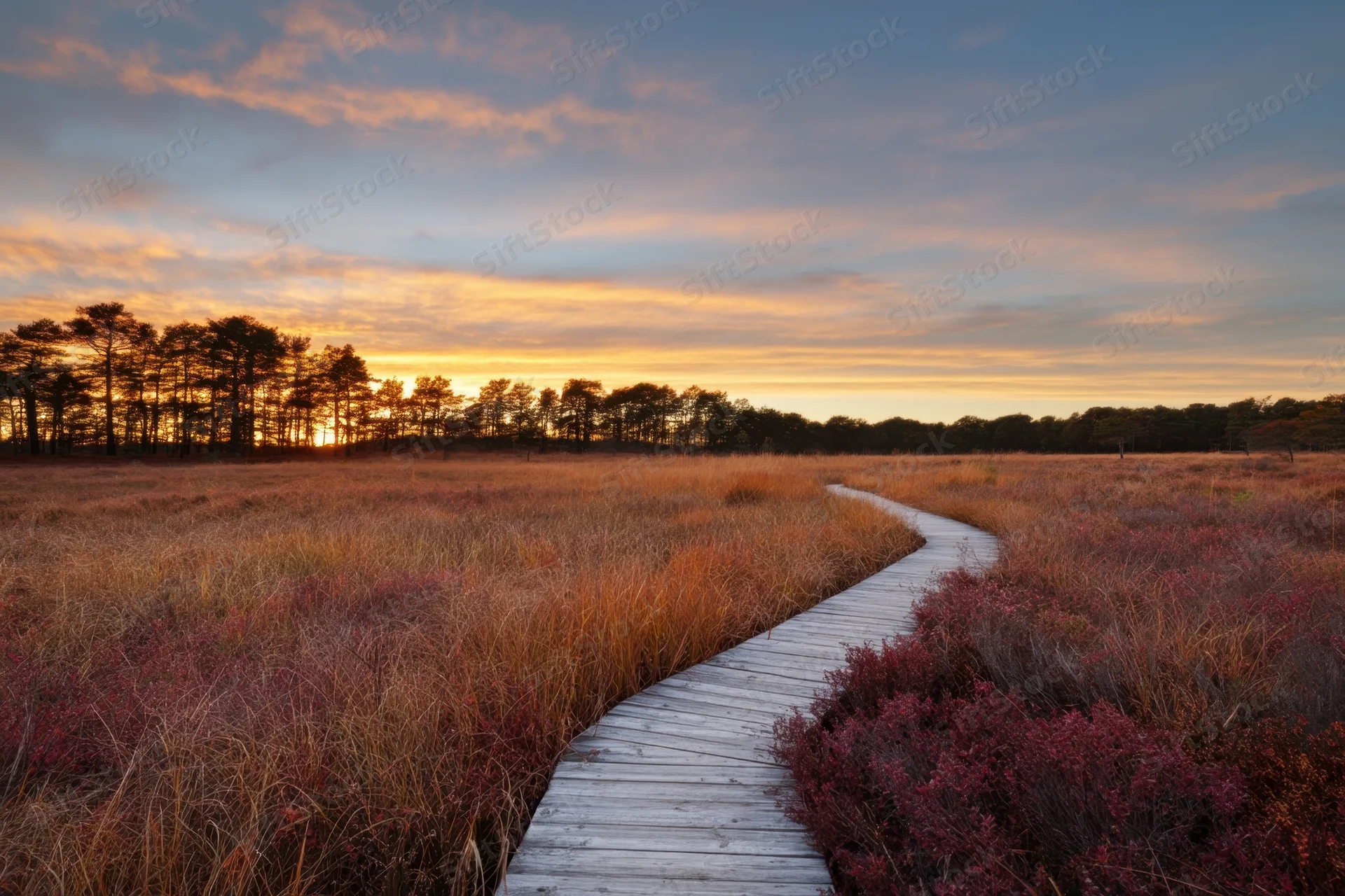 Wooden boardwalk winding through autumn heath at sunset