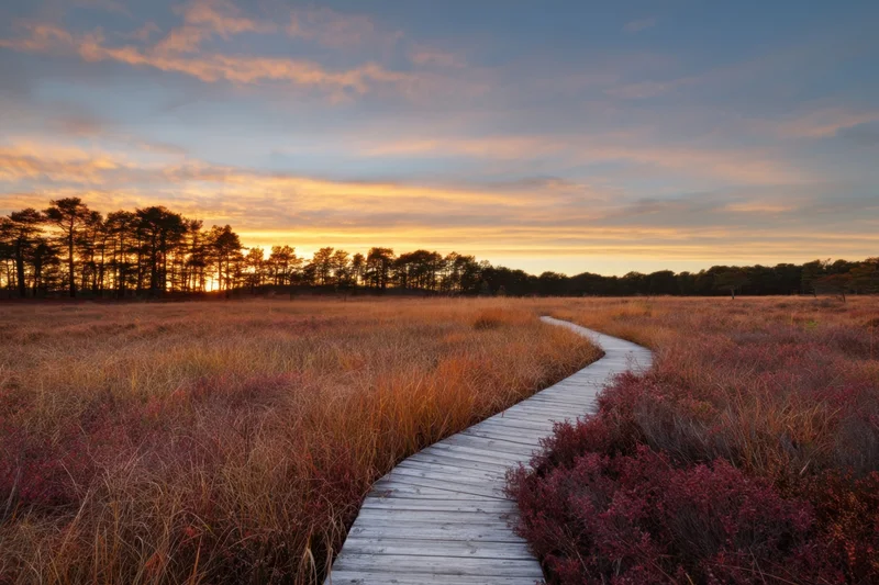 Wooden boardwalk winding through autumn heath at sunset