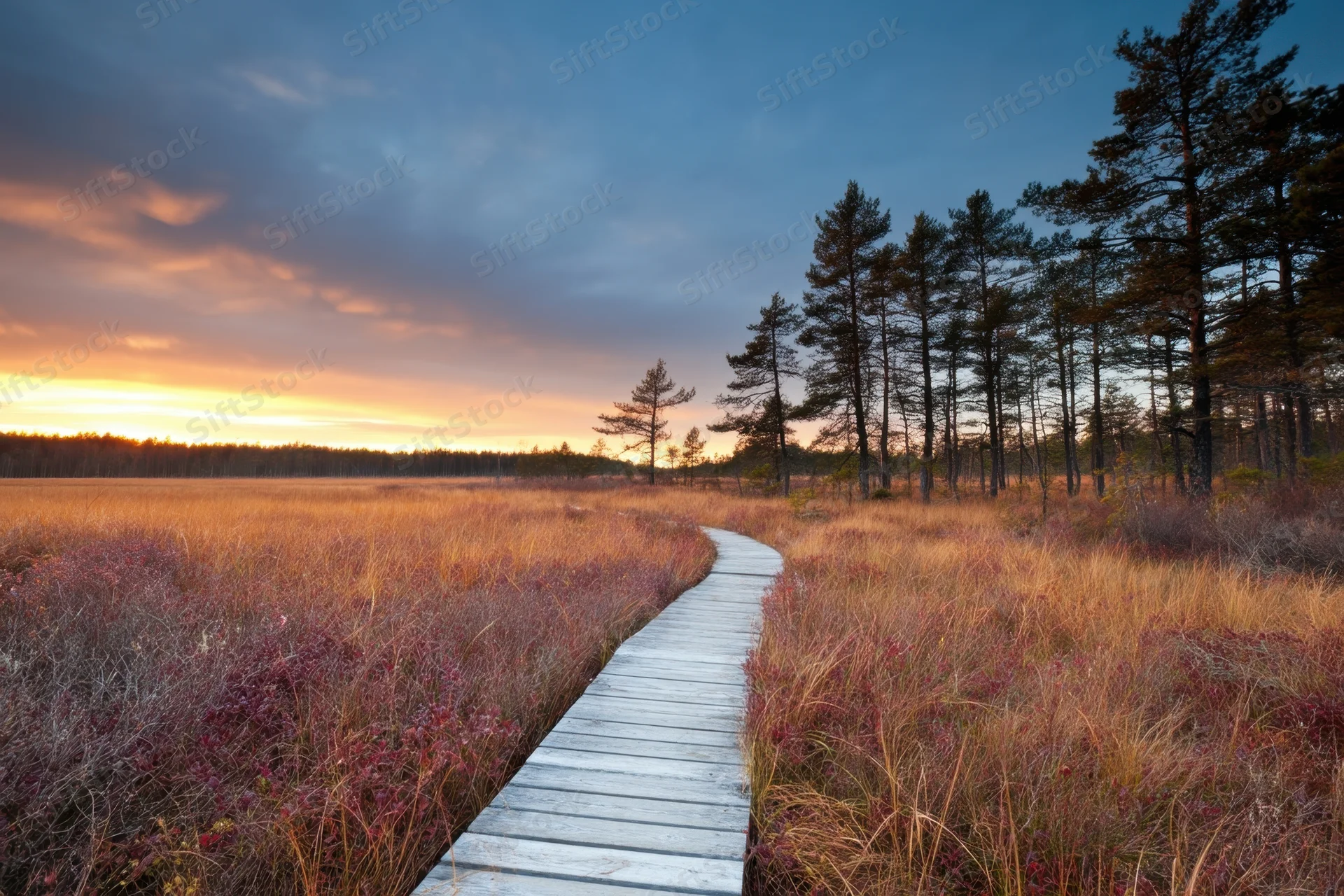 Wooden boardwalk winding through autumn heath at sunset