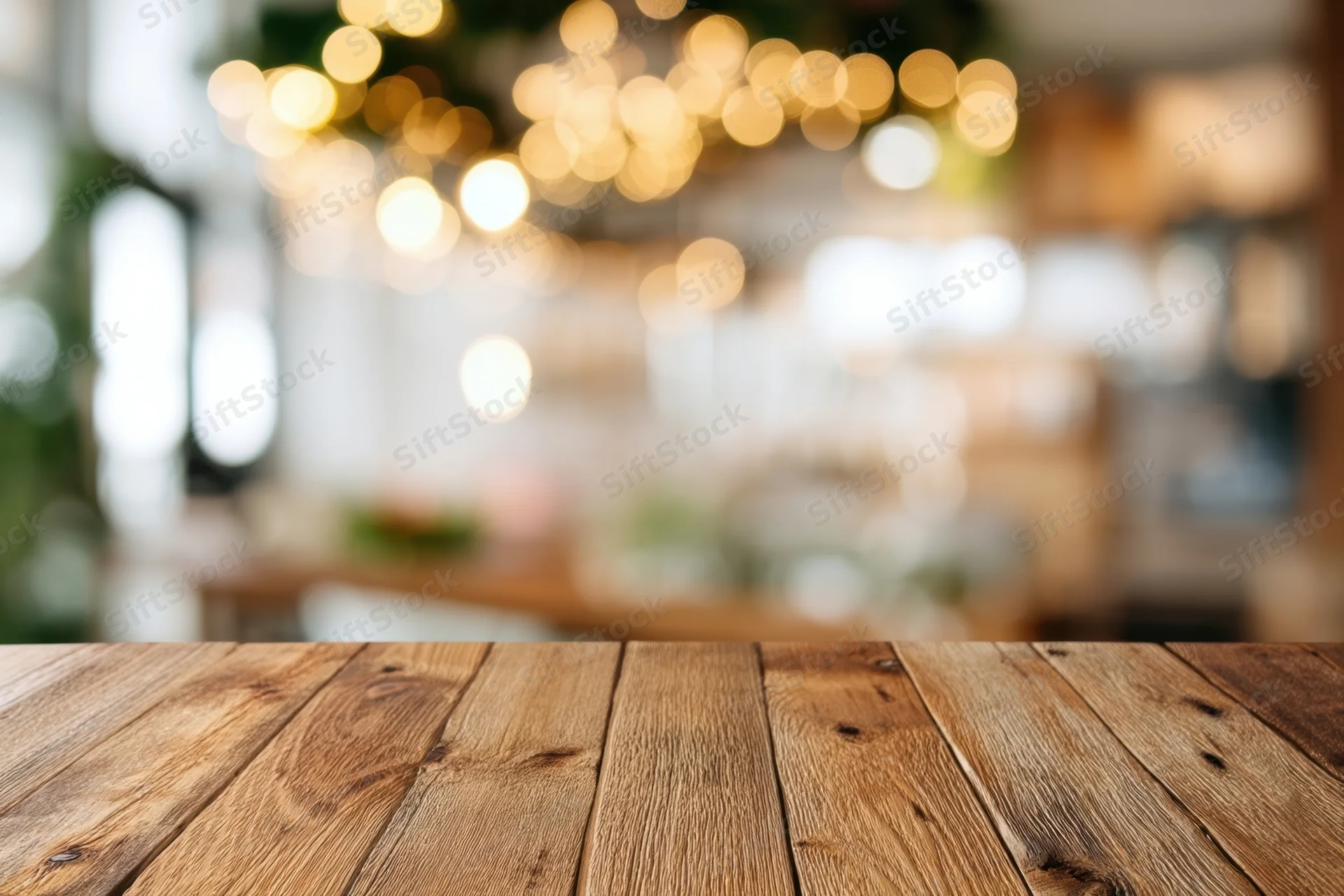 Wooden plank table in foreground with blurred cafe interior and warm bokeh lights behind