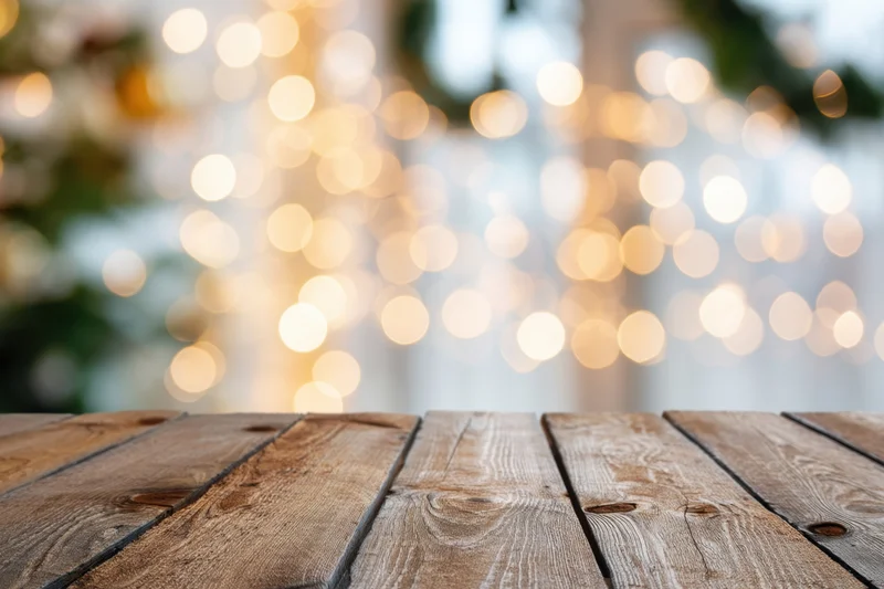 Wooden plank table in foreground with blurred festive lights in background