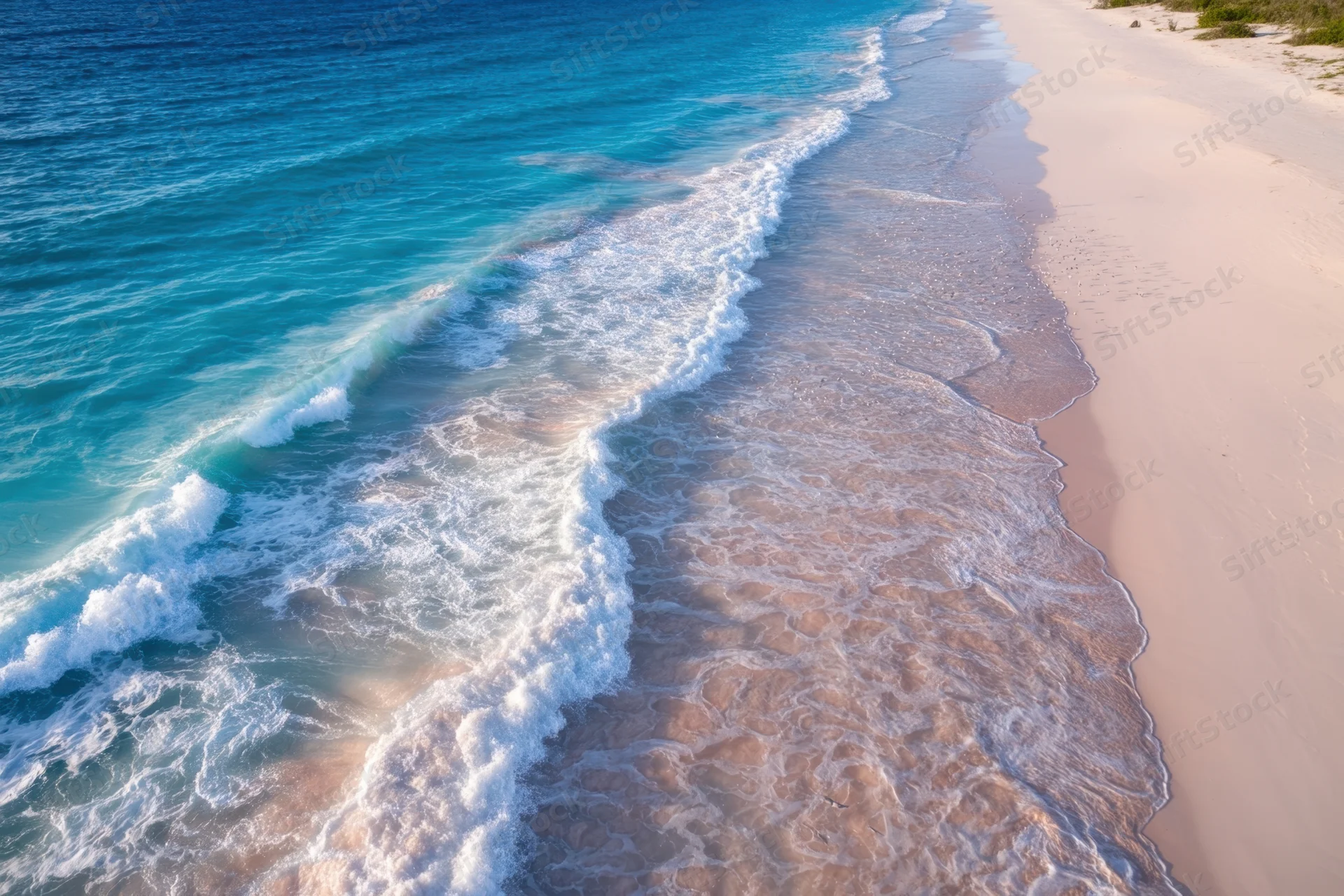 Aerial view of waves breaking on a pink sand beach meeting turquoise ocean