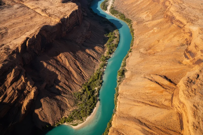 Aerial view of a winding turquoise river carving through a desert canyon