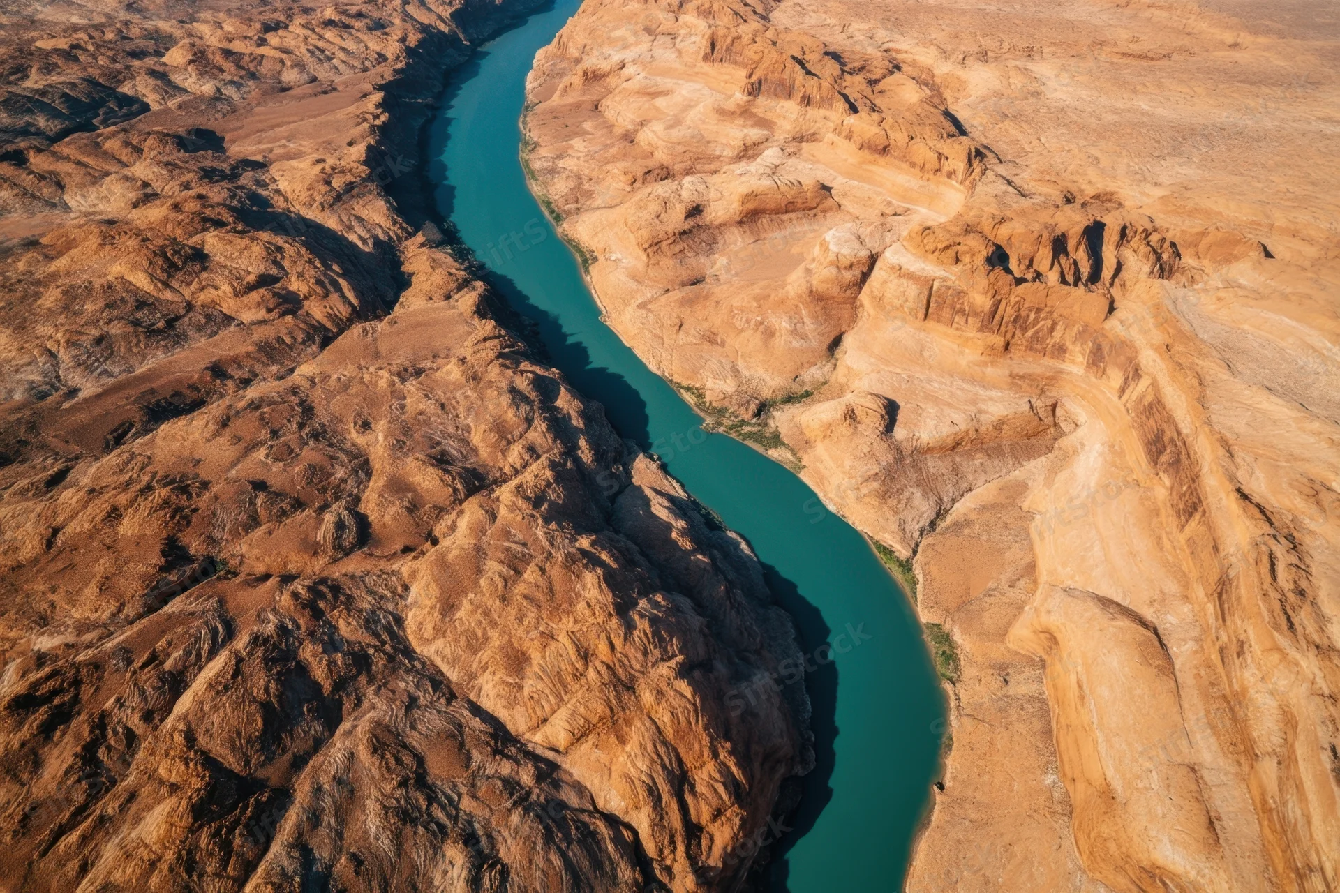 Aerial view of a winding turquoise river carving through a rugged desert canyon