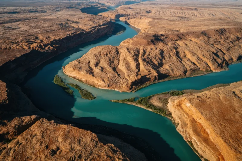 Aerial view of a winding turquoise river carving through a desert canyon