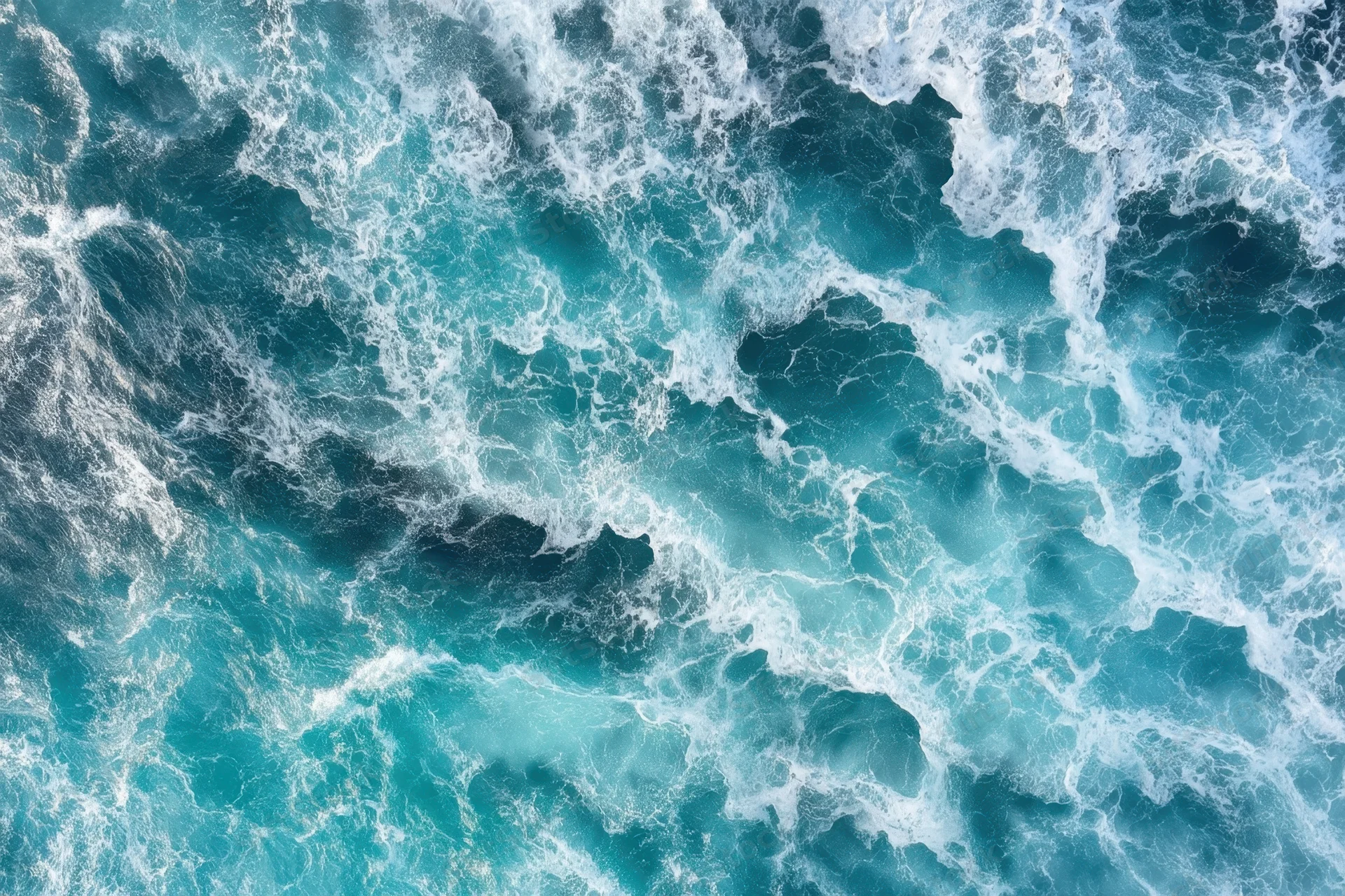 Aerial view of swirling turquoise ocean waves with white foam