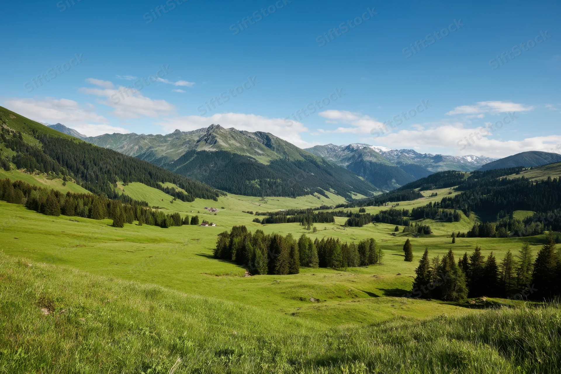 Expansive alpine valley with rolling green meadows and forested hills under a blue sky