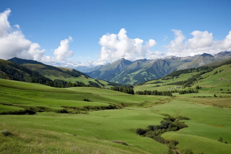Expansive alpine valley with rolling green meadows under a blue sky with white clouds