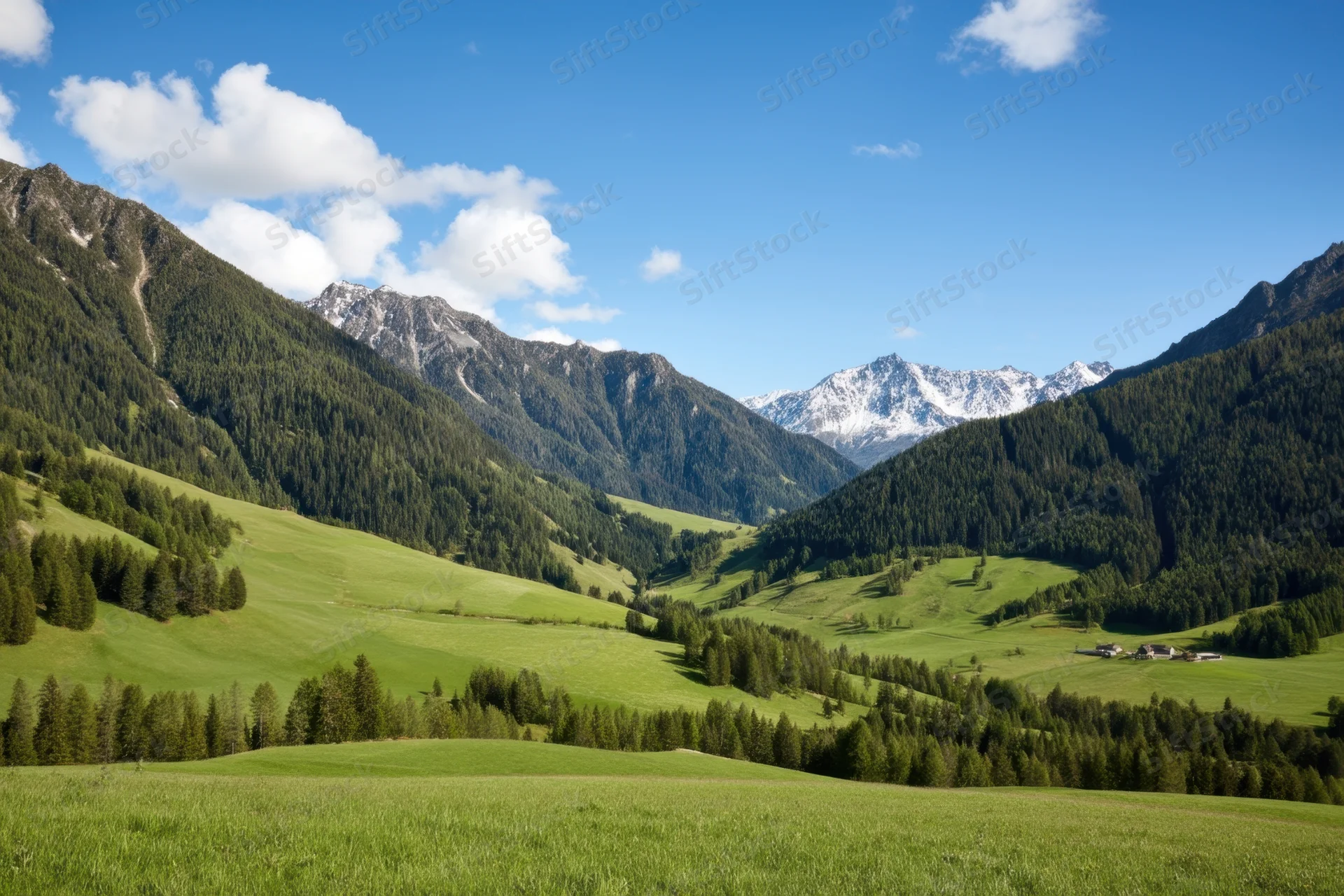 Expansive alpine valley with rolling green meadows and snow-capped mountains under a blue sky