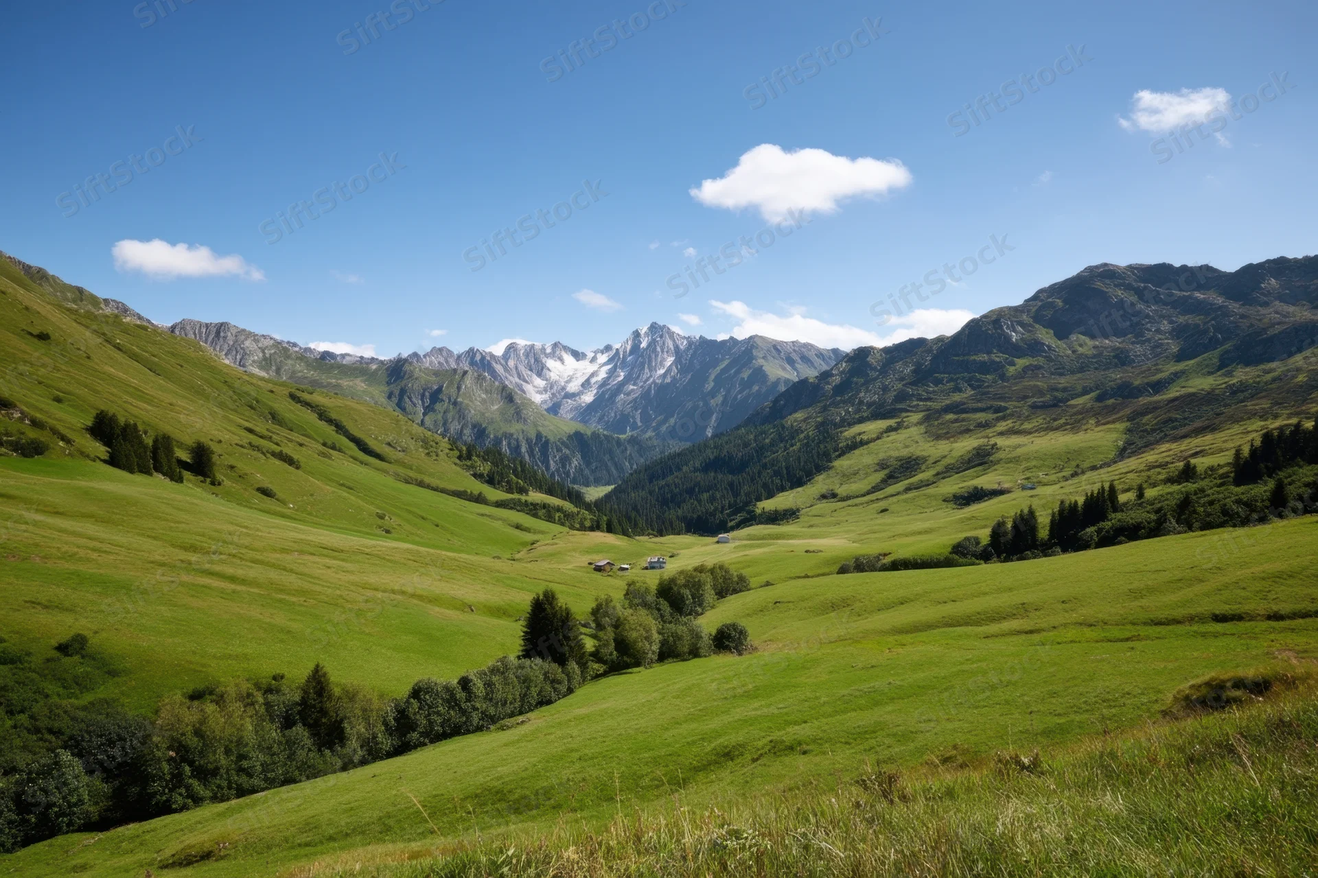 Expansive alpine valley with rolling green meadows and snow-capped mountains under a clear blue sky
