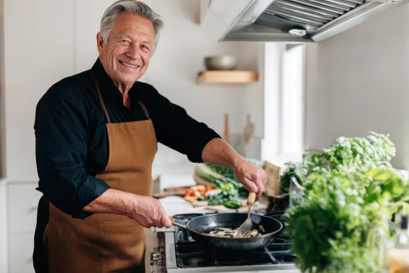 Senior man cooking with vegetables in a modern kitchen