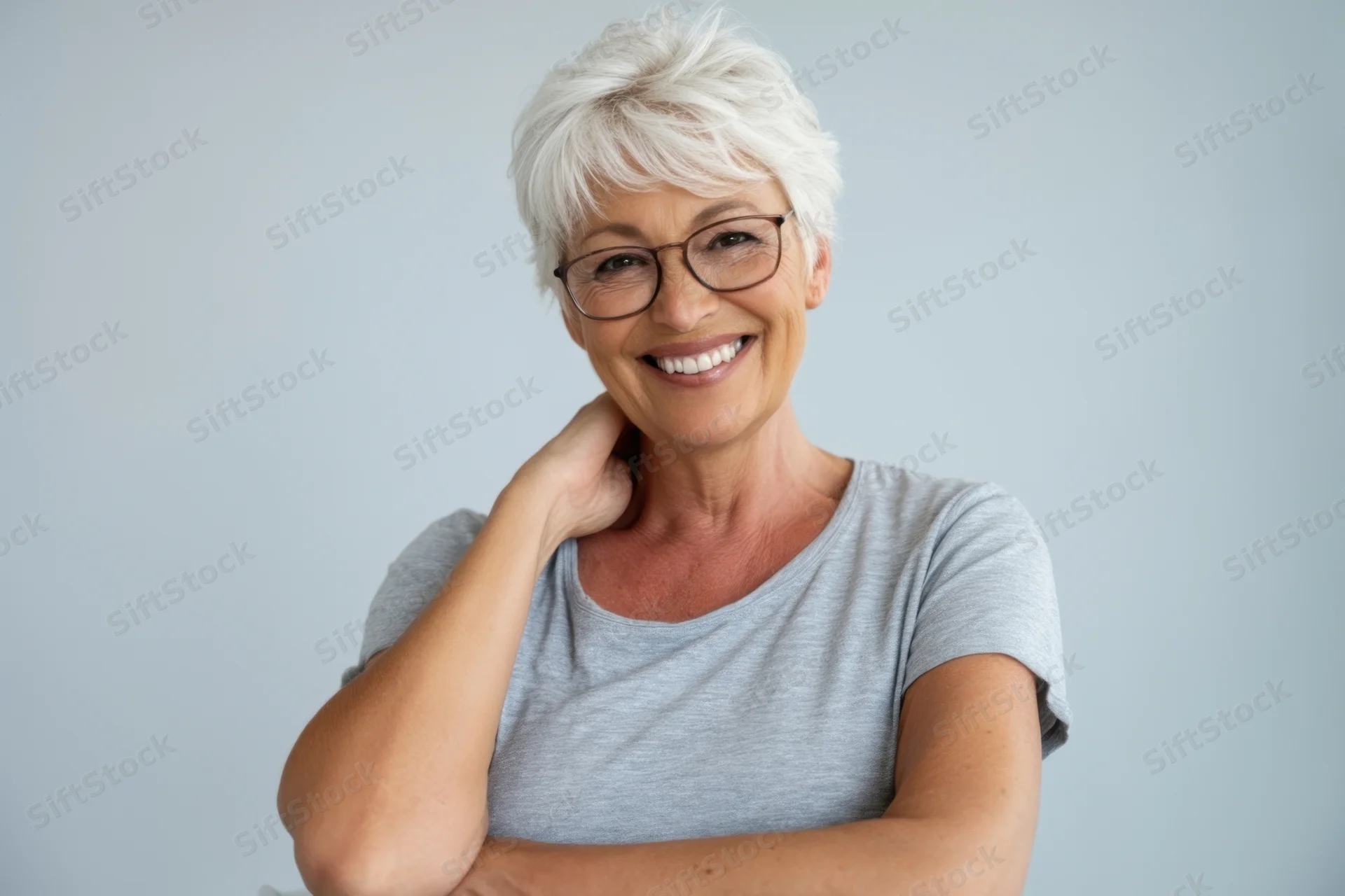 Senior woman with short white hair and glasses smiling while touching her neck in a studio portrait