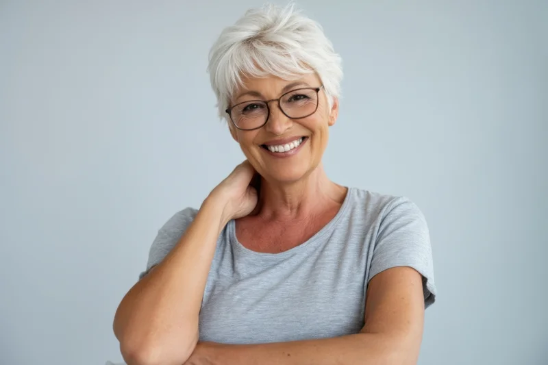 Senior woman with short white hair and glasses smiling while touching her neck in a studio portrait