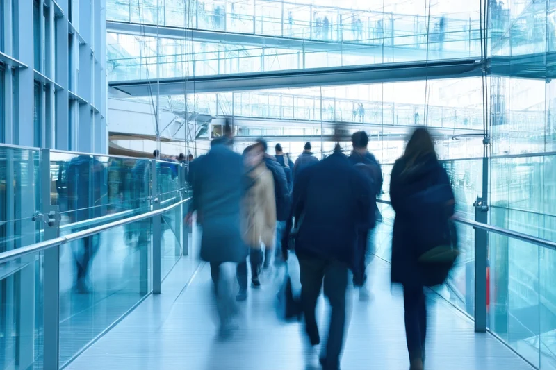 Motion-blurred people walking through a modern glass corridor in an office building