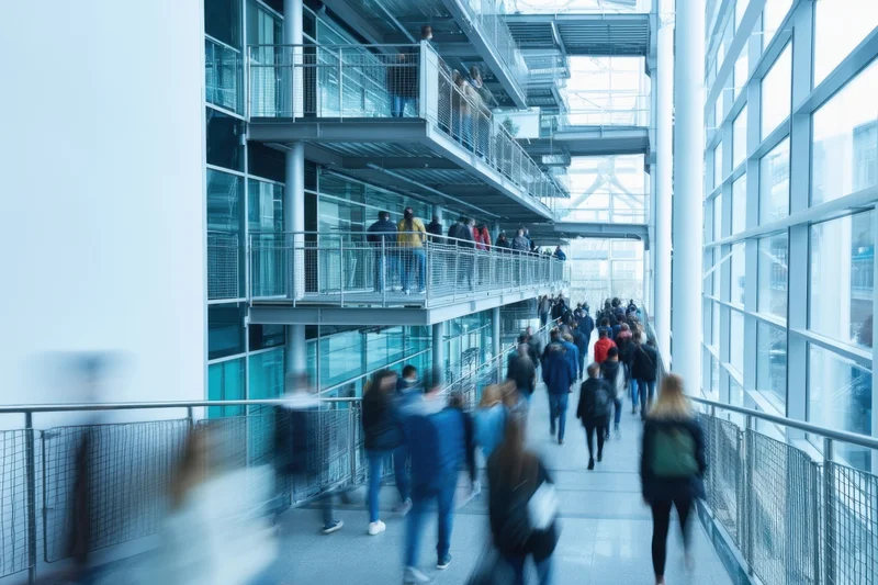 Motion-blurred people walking through a multi-level glass corridor in a modern office building