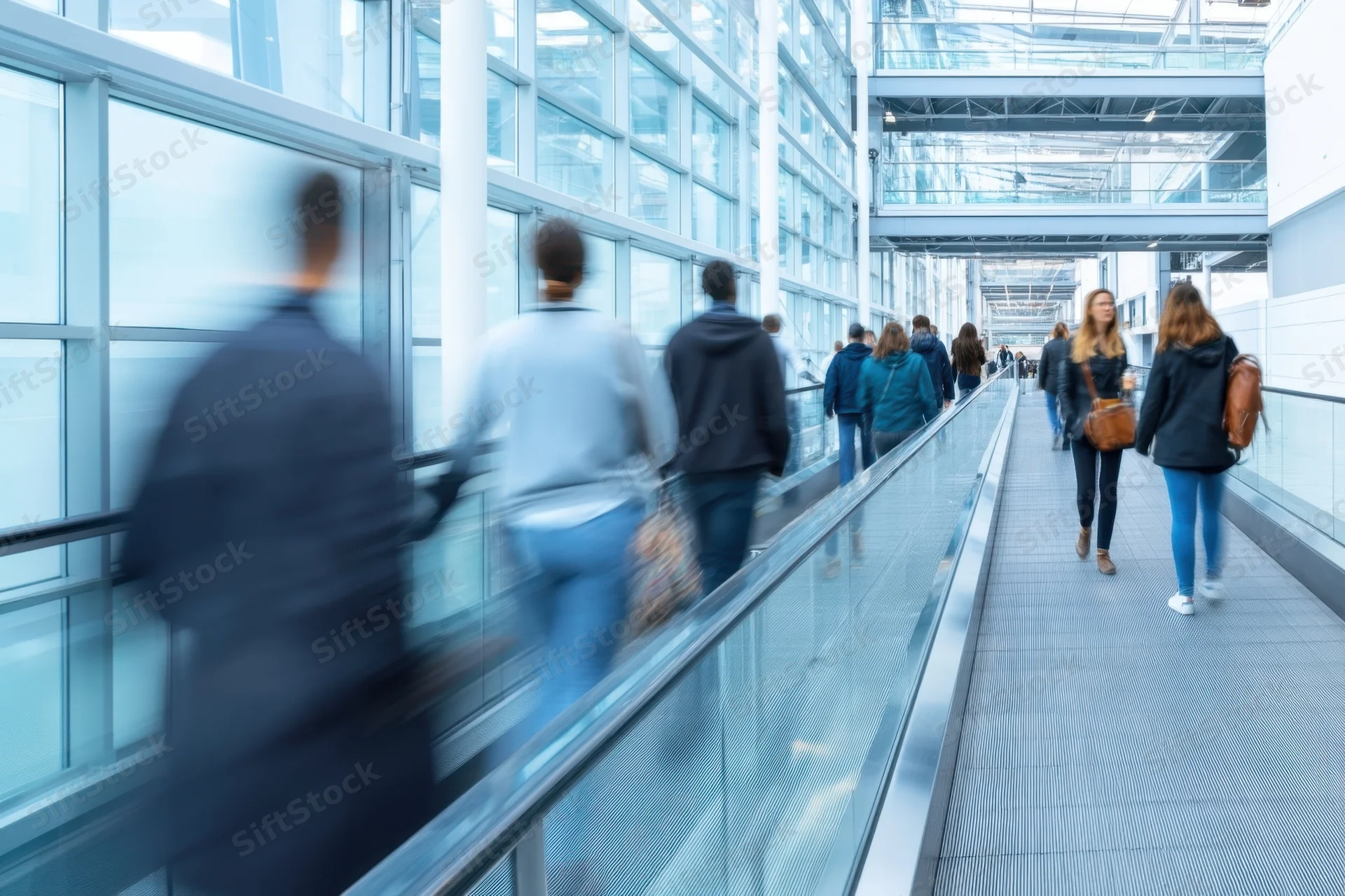 People walking through a modern glass corridor in an office building