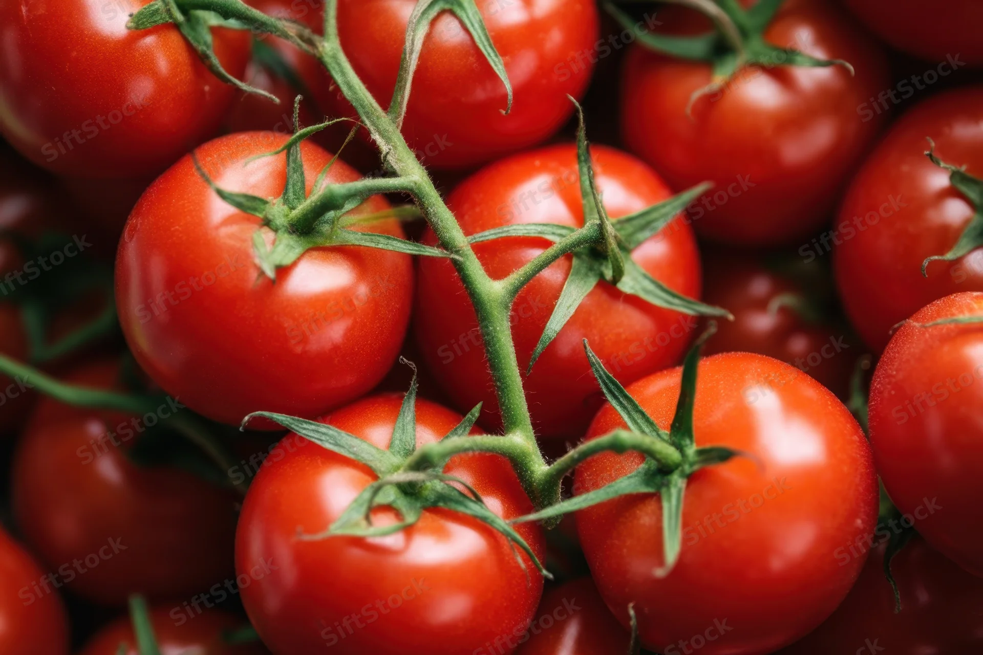 Close-up of ripe red tomatoes on the vine in a cluster