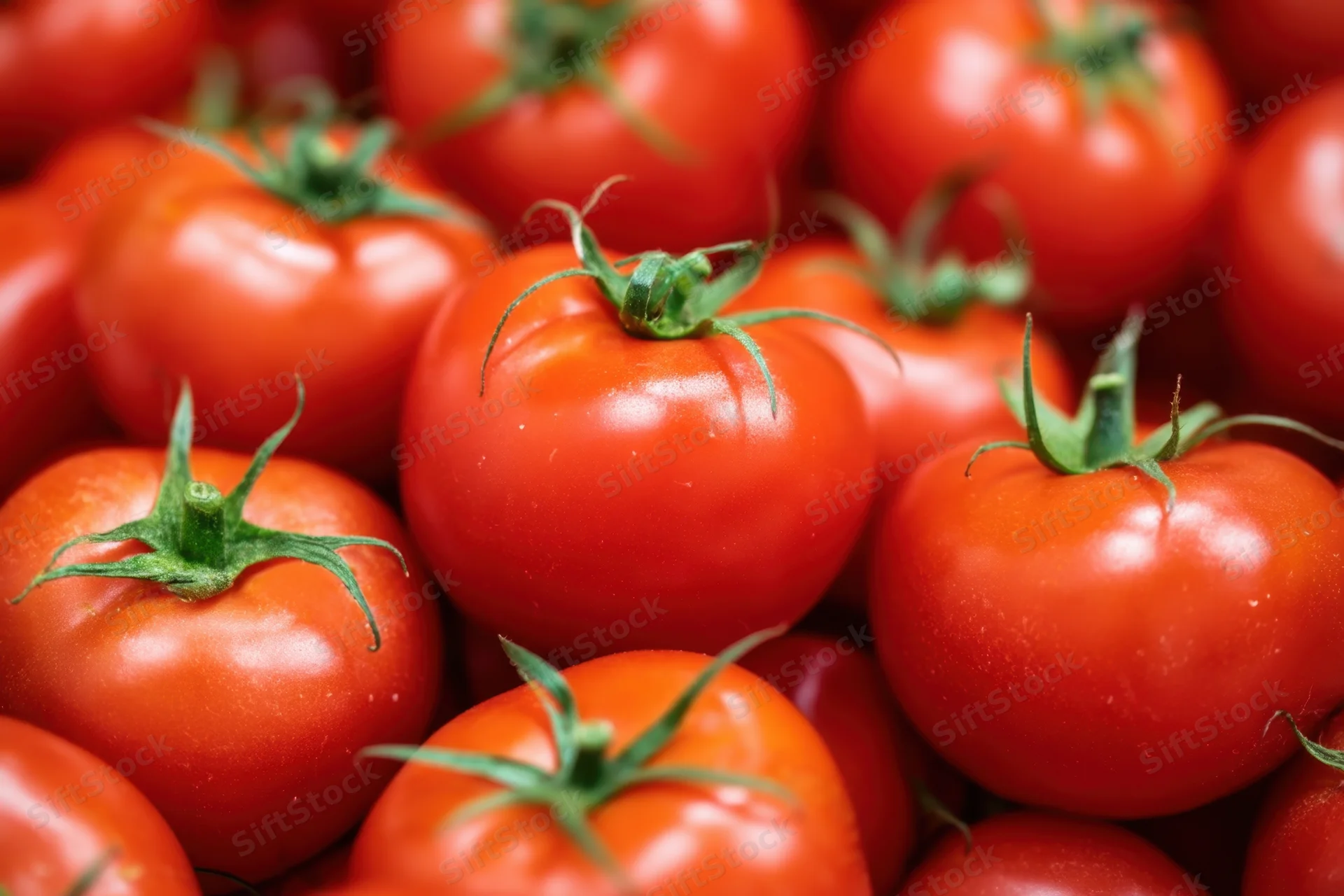 Close-up of ripe red tomatoes with green stems piled together
