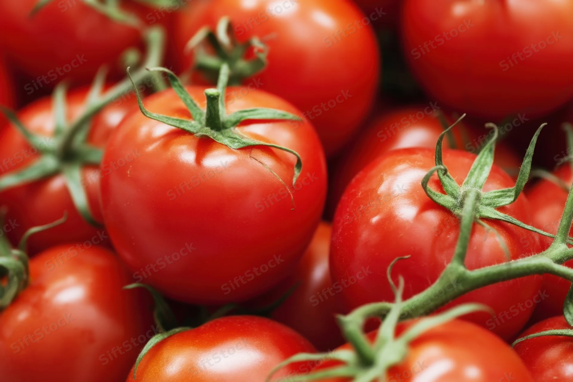 Close-up of ripe red tomatoes with green stems clustered together