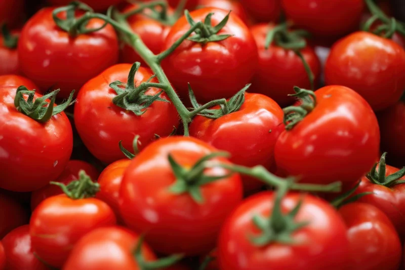 Close-up of ripe red tomatoes with green stems clustered together