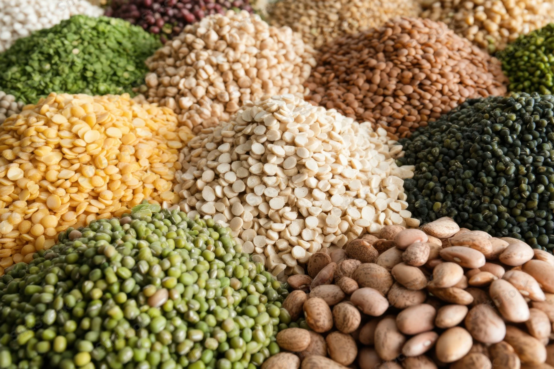 Close-up of assorted dried legumes and lentils arranged in mounds showcasing their colors and textures
